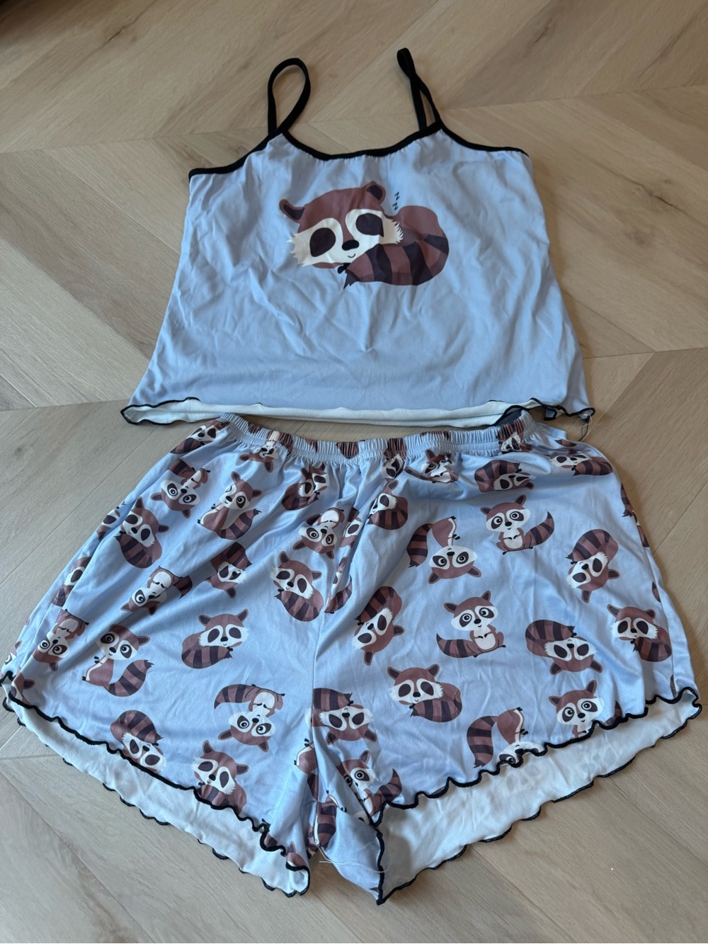 Sleepy Raccoon Print Pajama Cami & Shorts - Light Blue